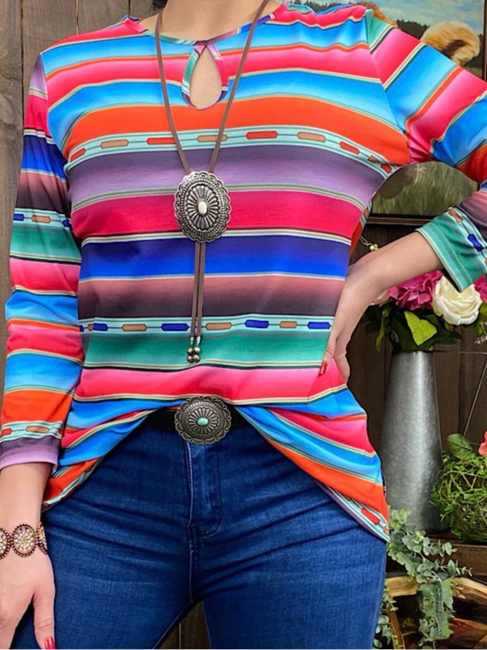 Women's Multi-Color Serape Long Sleeve Tee with Keyhole‎ Neck